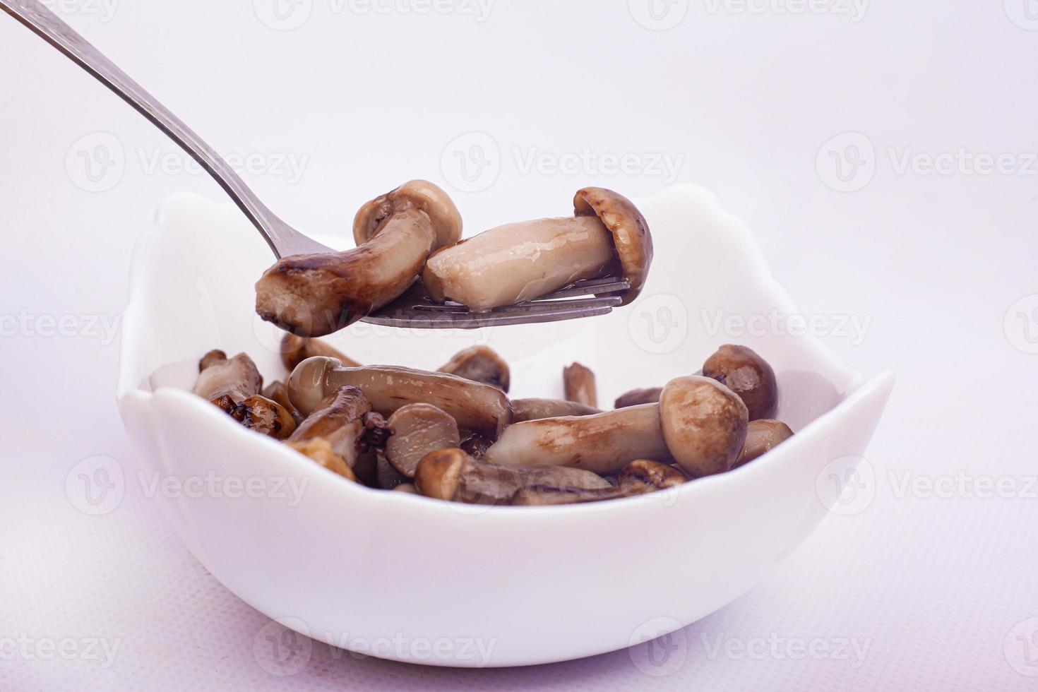 pequenos cogumelos em conserva empalados no garfo no fundo branco foto