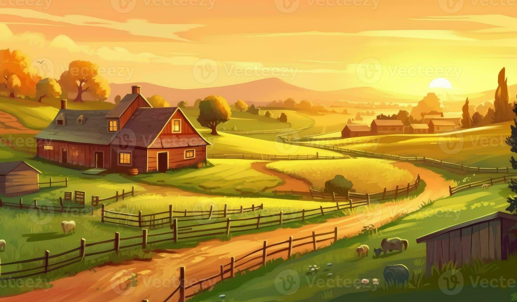 casa de fazenda dentro luz solar, Fazenda panorama ilustração foto