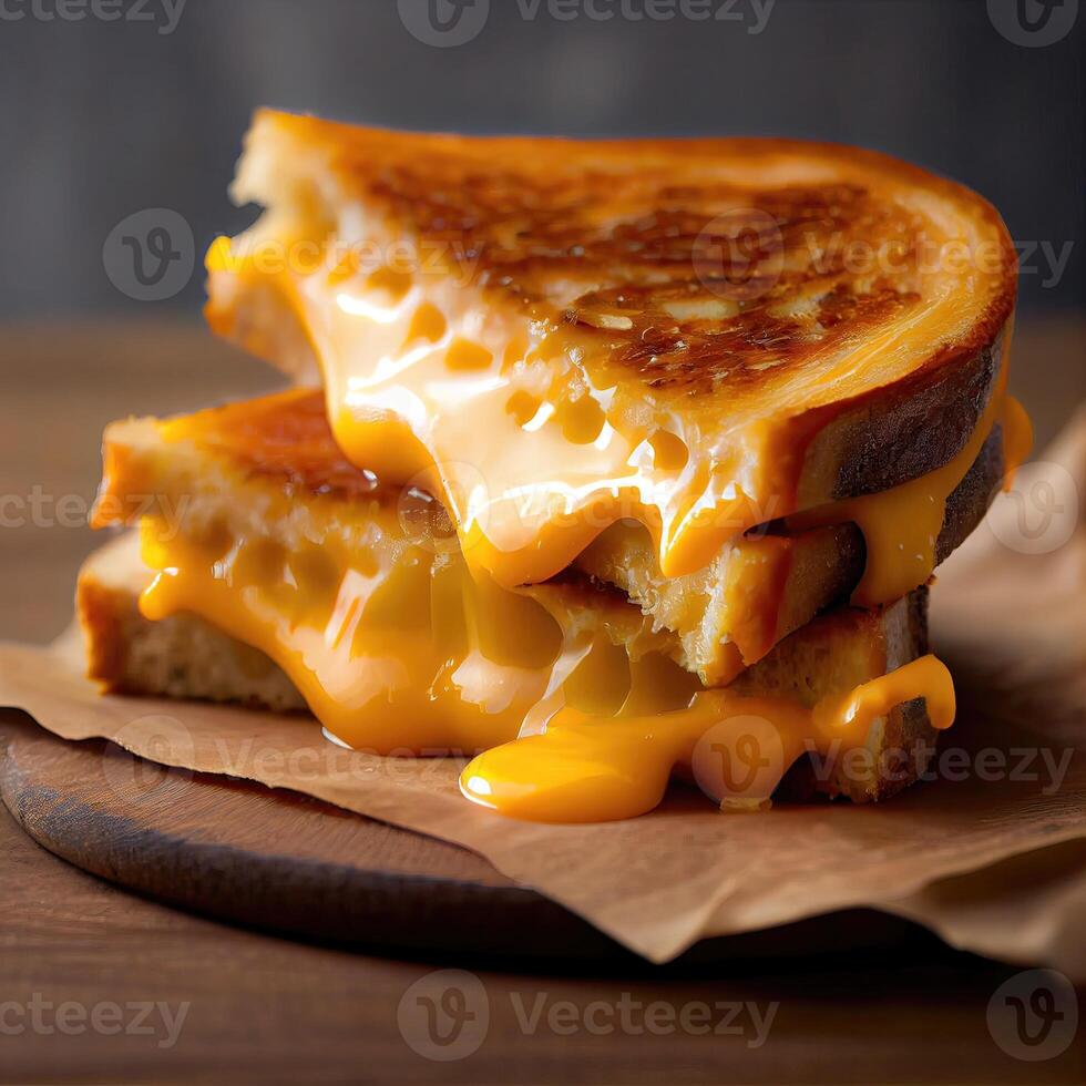 fechar-se do uma grelhado queijo com derretido queijo dentro uma madeira placa. caseiro grelhado queijo sanduíche para café da manhã. saboroso torrada sanduíches com queijo em de madeira mesa. generativo ai foto