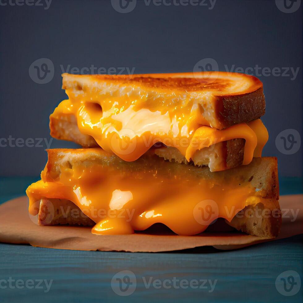 fechar-se do uma grelhado queijo com derretido queijo dentro uma madeira placa. caseiro grelhado queijo sanduíche para café da manhã. saboroso torrada sanduíches com queijo em de madeira mesa. generativo ai foto