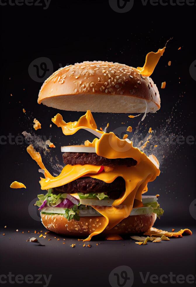 americano Comida. hamburguer camadas isolado. separado hamburguer camadas. Hamburger explosão. Hamburguer de queijo vôo recheios isolado. levitação do hamburguer e queijo, carne, alface. generativo ai foto