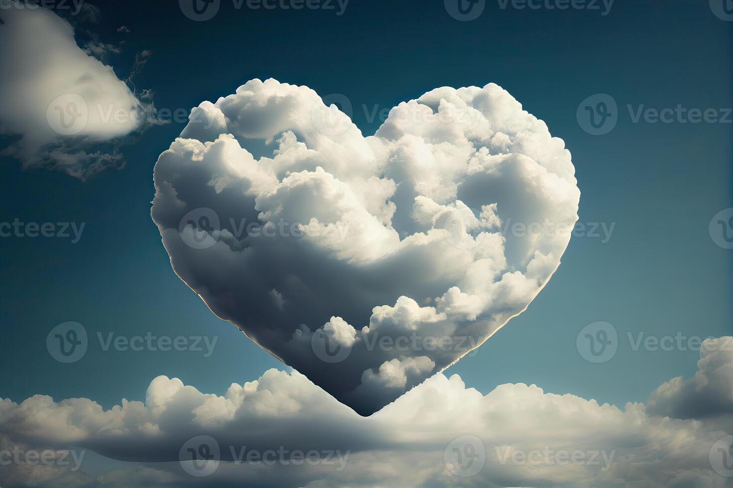 coração em forma nuvem em brilhante azul céu e branco nuvens. coração em forma nuvem em azul céu. generativo ai foto