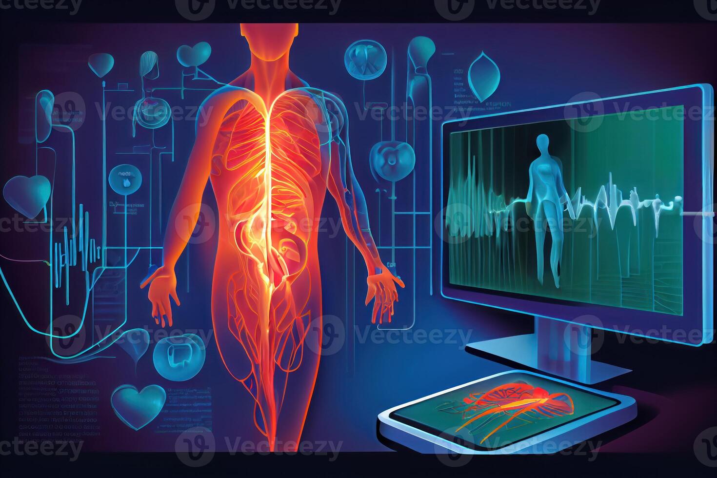 uma Novo digital saúde solução aplicado para a tratamento e monitoramento do hipertensão e coração. ai gerado foto