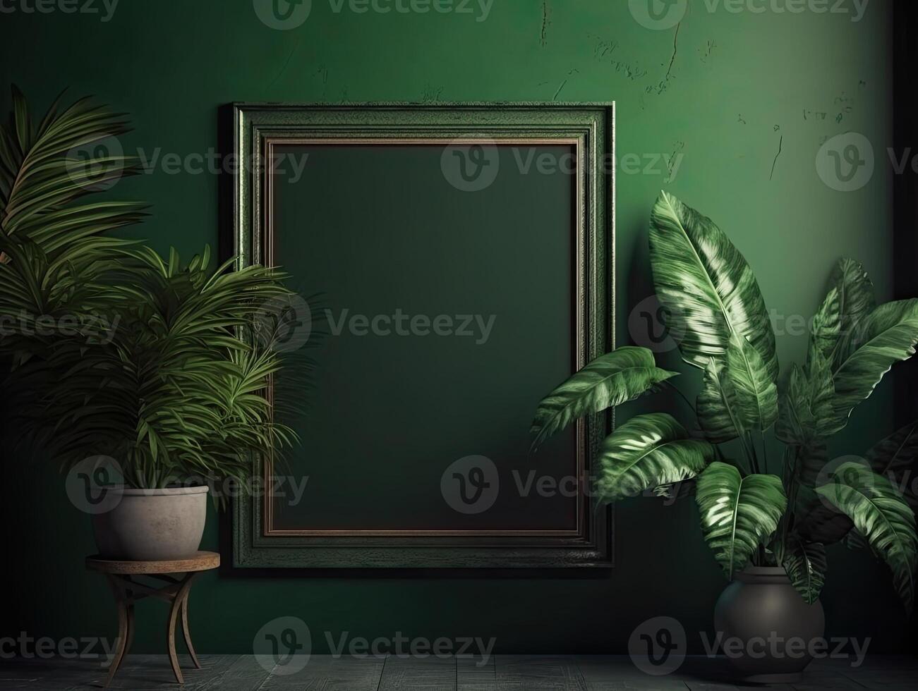 uma verde parede com flores e plantas atrás uma em branco quadro, dentro a estilo do poster, interior cenas, photobashing, ambientalmente inspirado, hinchel ou, de inspiração industrial, ilustração generativo ai foto