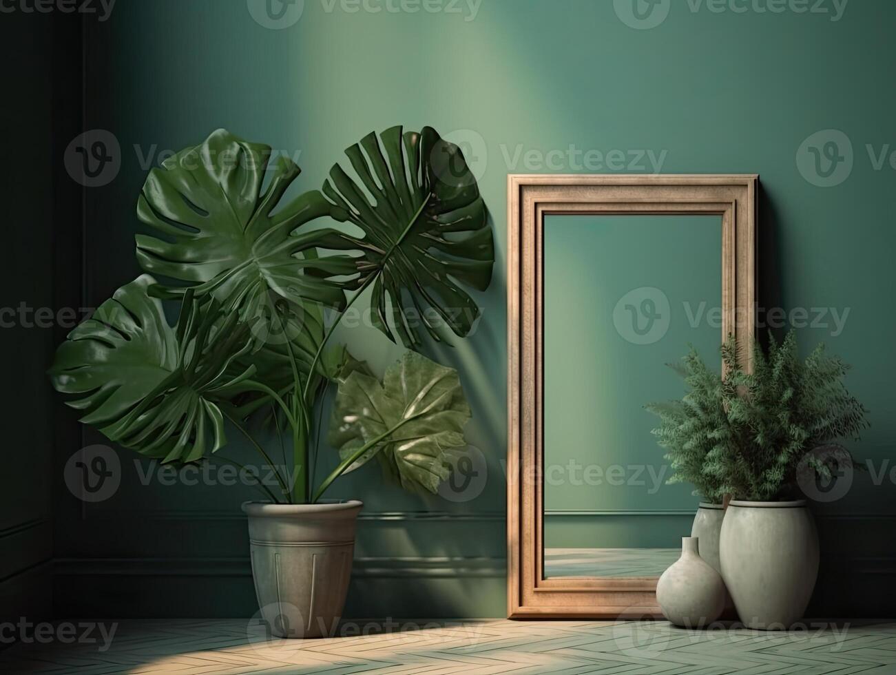 uma verde parede com flores e plantas atrás uma em branco quadro, dentro a estilo do poster, interior cenas, photobashing, ambientalmente inspirado, hinchel ou, de inspiração industrial, ilustração generativo ai foto