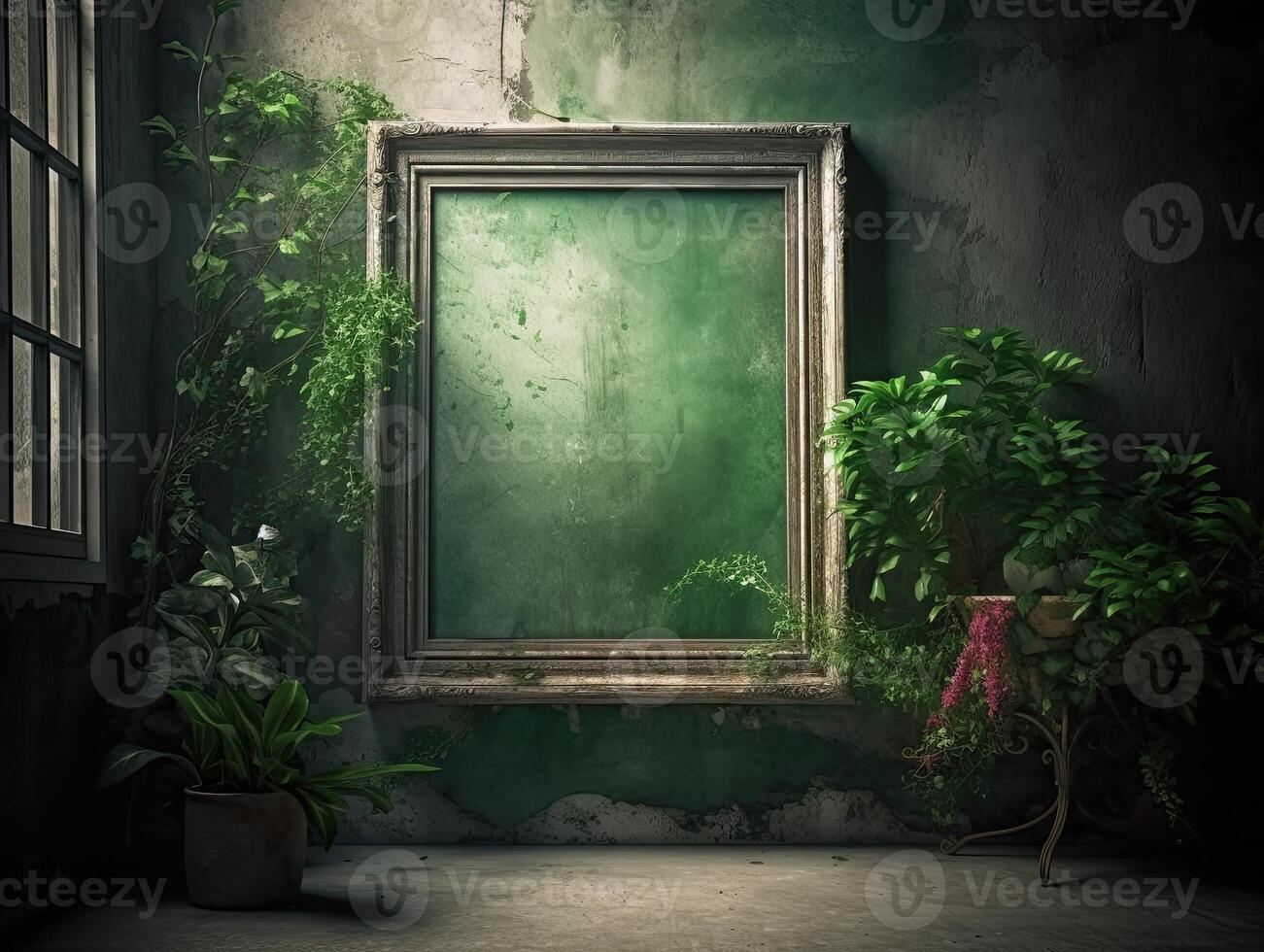 uma verde parede com flores e plantas atrás uma em branco quadro, dentro a estilo do poster, interior cenas, photobashing, ambientalmente inspirado, hinchel ou, de inspiração industrial, ilustração generativo ai foto