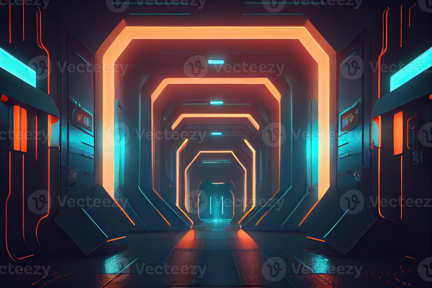 futurista ficção científica espaço guerra navio hangar túnel corredor com reflexivo vidro janelas 3d ilustração fundo papel de parede. generativo ai foto