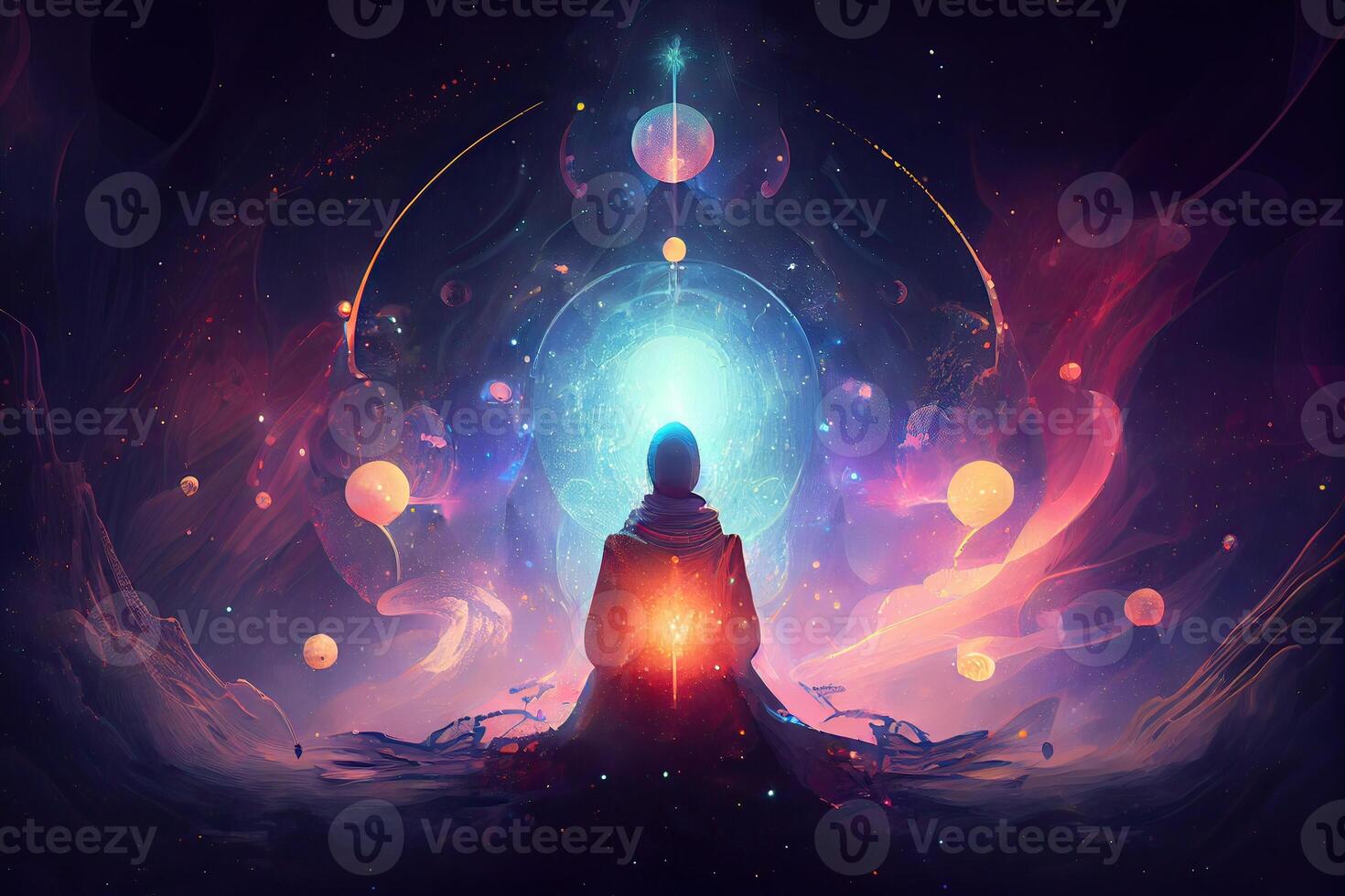 ilustração do homem meditação. pessoa sentado em universo meditando sobre a oceano com leitoso caminho fundo, costas visualizar. generativo ai foto