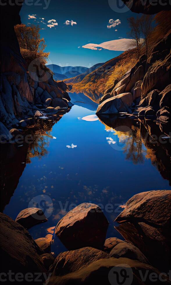 Visão do a rio. panorâmico Visão em montanha lago dentro frente do montanha. generativo ai. foto