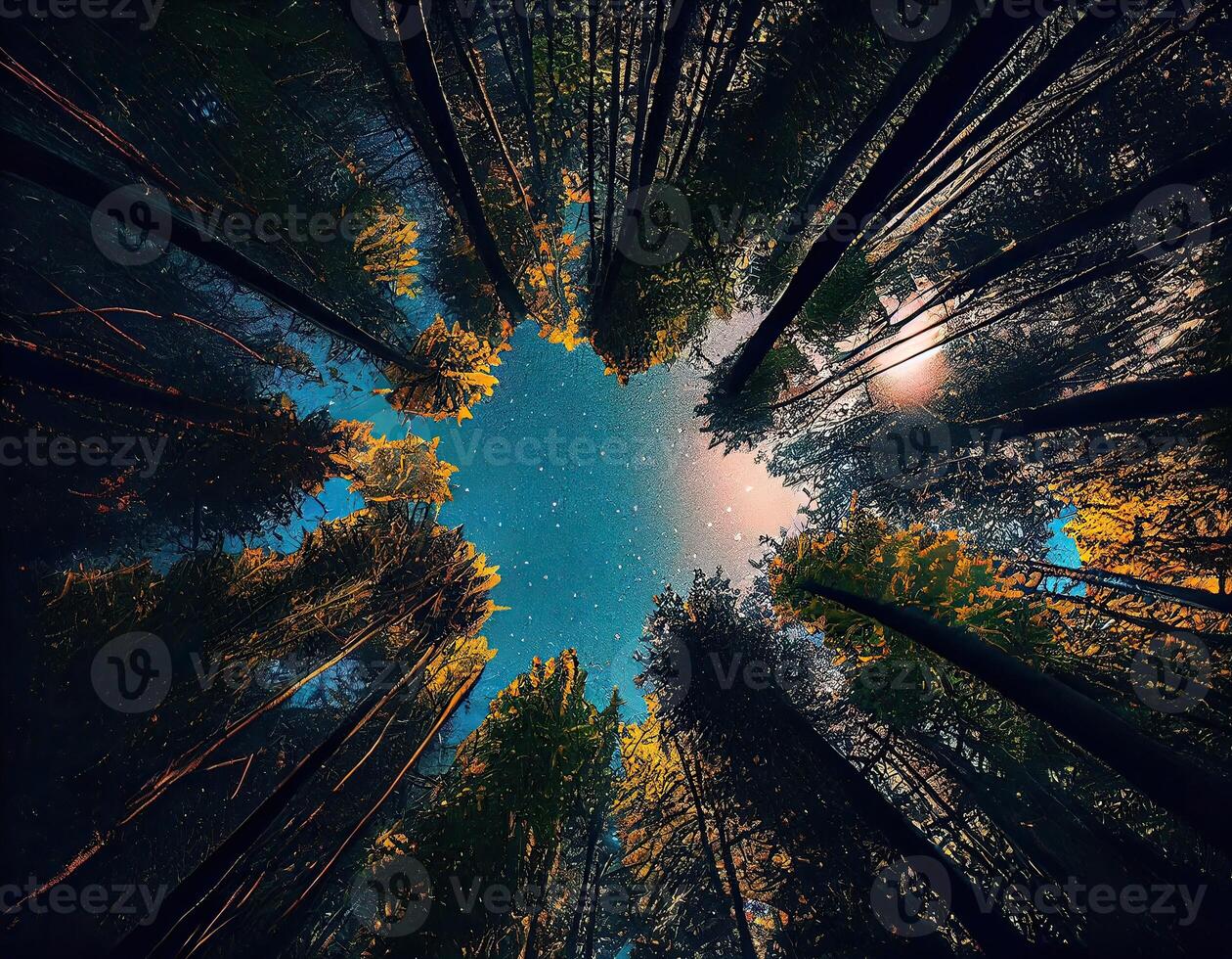 ângulo baixo Visão do árvores dentro a floresta. Visão do azul céu através verde Copa das árvores, primavera estação fundo, baixo ângulo visualizar. generativo ai. foto