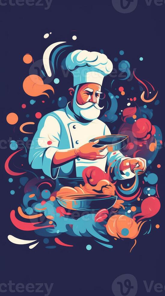 chefe de cozinha cozinhando para Comida o negócio colorida imagem em Sombrio fundo generativo ai foto