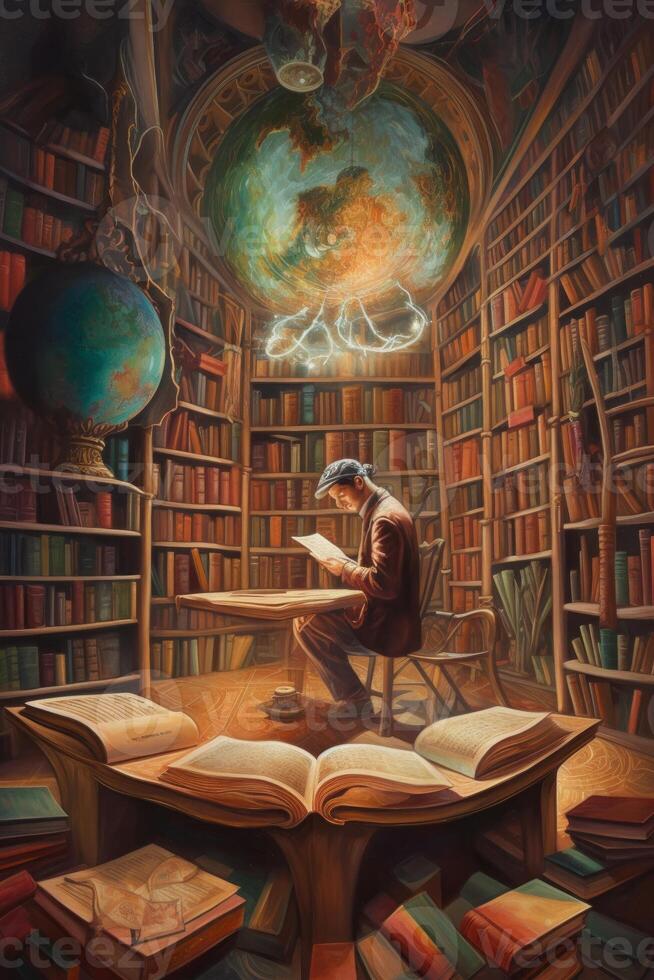 uma deslumbrante surrealista óleo pintura do uma homens dentro biblioteca generativo ai foto