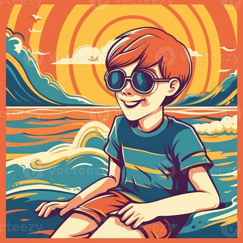 Garoto desfrutando verão feriado, desenho animado ilustração com generativo ai foto