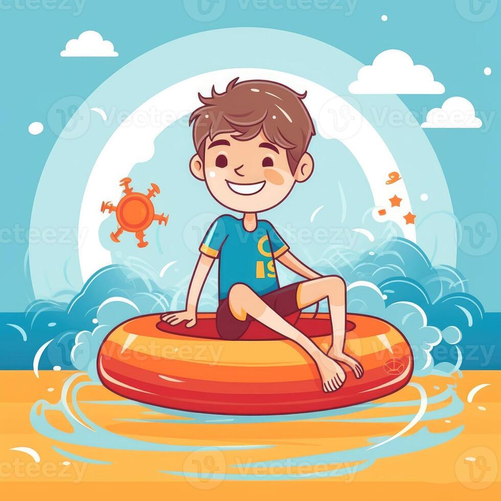 Garoto desfrutando verão feriado, desenho animado ilustração com generativo ai foto