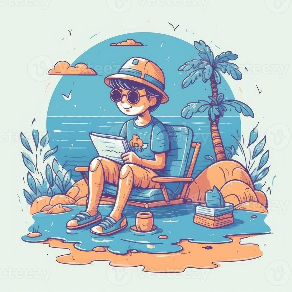 Garoto desfrutando verão feriado, desenho animado ilustração com generativo ai foto