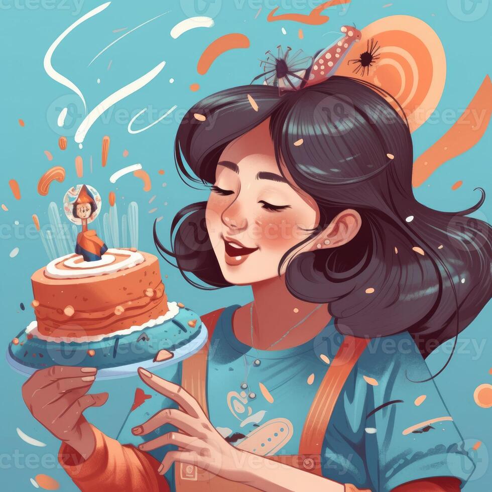 uma menina é segurando uma bolo enquanto a comemorar uma aniversário, desenho animado ilustração com generativo ai foto