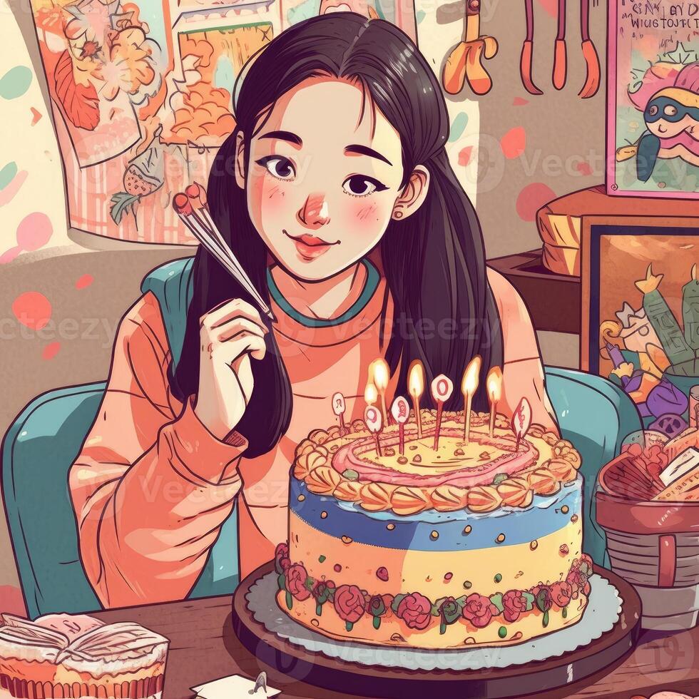 uma menina é segurando uma bolo enquanto a comemorar uma aniversário, desenho animado ilustração com generativo ai foto