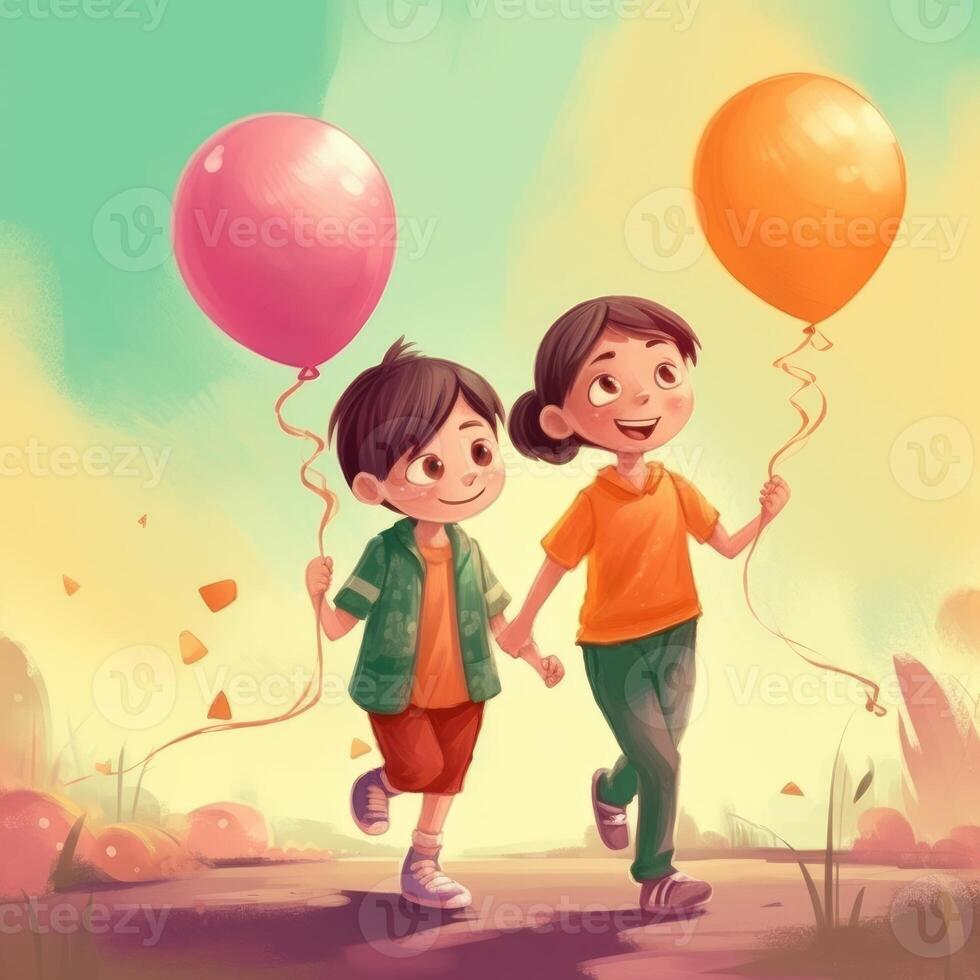 dois crianças segurando balões andando, desenho animado ilustração com generativo ai foto