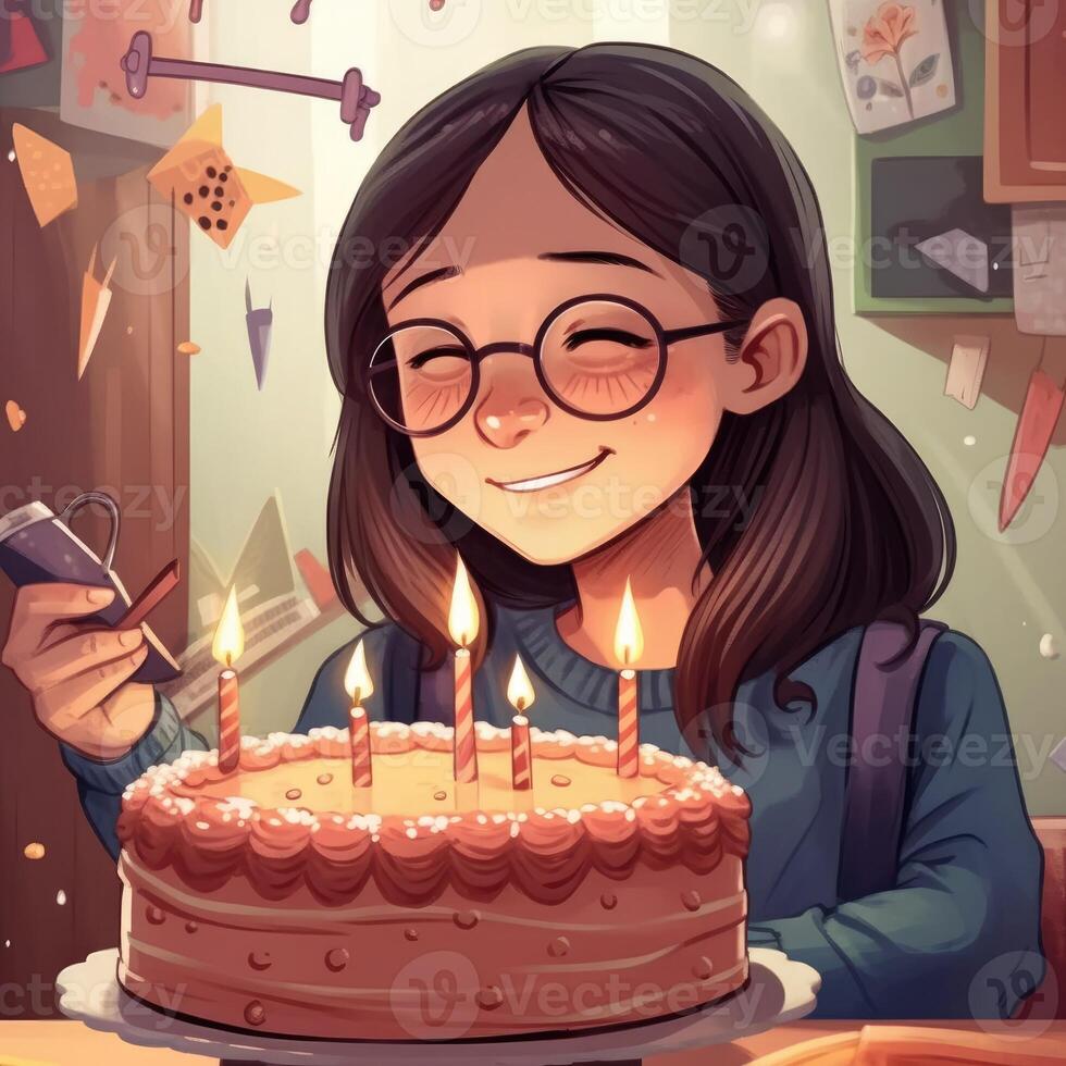 uma menina é segurando uma bolo enquanto a comemorar uma aniversário, desenho animado ilustração com generativo ai foto