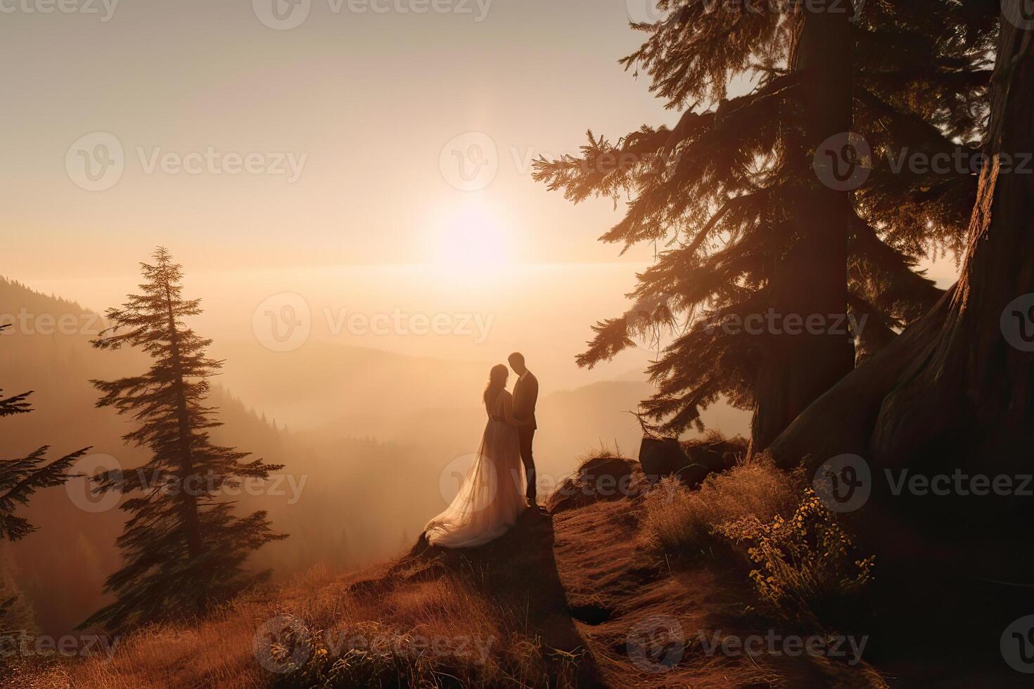 Casamento silhueta casal posando em pôr do sol dentro lindo floresta às Casamento dia. noiva e noivo dentro amar. inexistente pessoa. generativo ai. foto