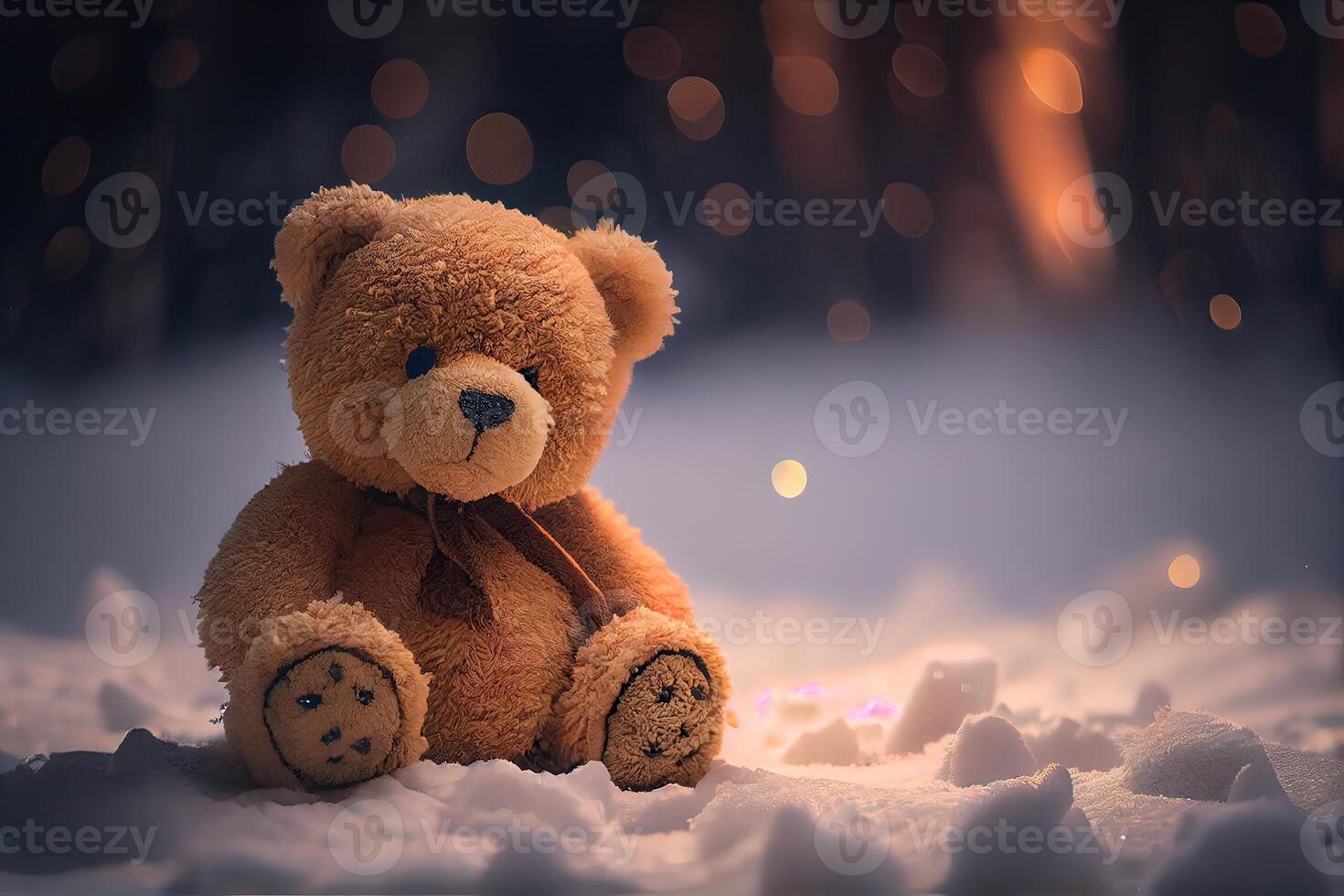 a brinquedo Urso estava esquerda dentro a inverno às a crianças Parque infantil. uma fofa Castanho Urso sentado sozinho em a neve durante inverno tempo. generativo ai foto