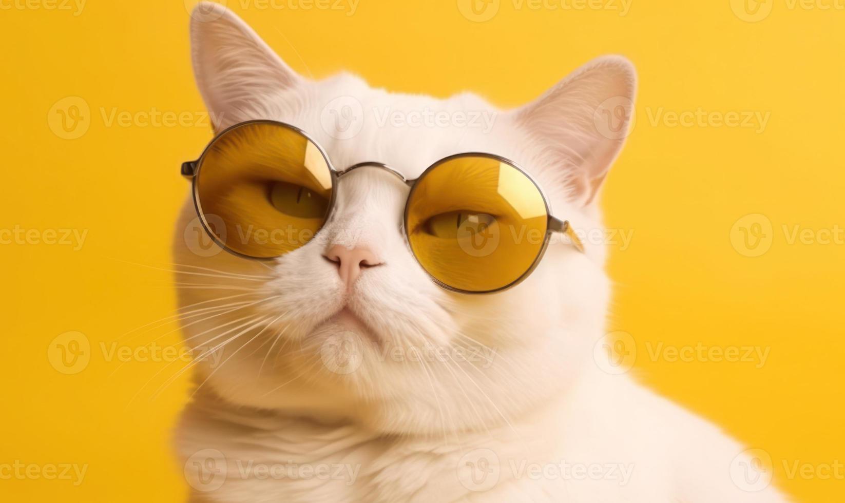 retrato do engraçado gato vestindo oculos de sol em amarelo fundo foto