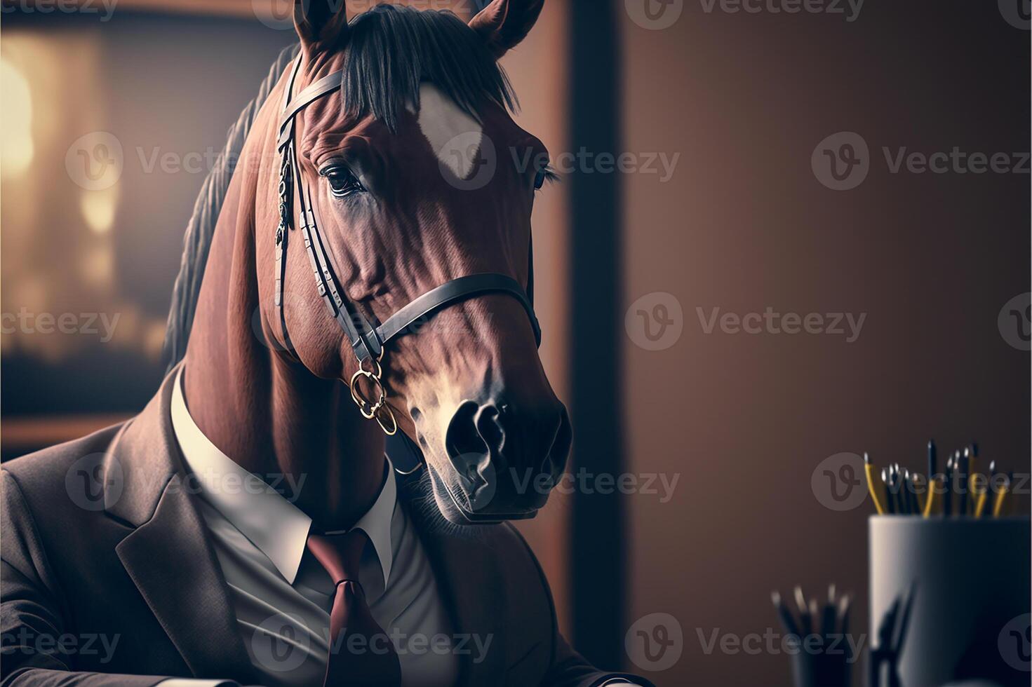 uma cavalo dentro a escritório terno senta às dele escrivaninha trabalhando em uma computador dentro a escritório. generativo ai. foto