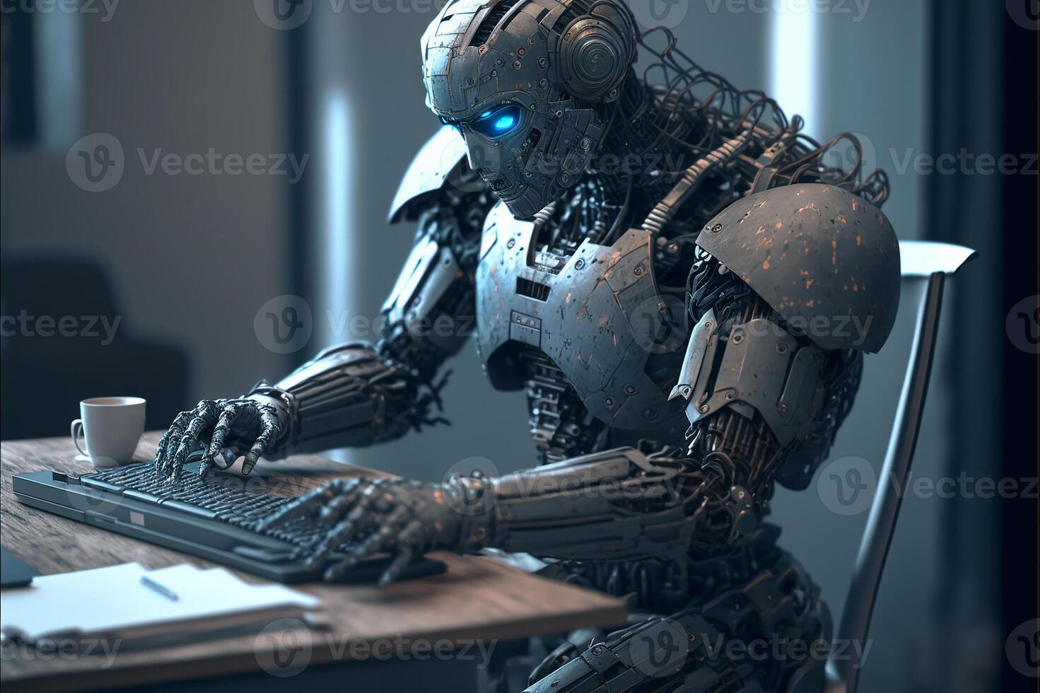 robô chatgpt às a computador dentro a escritório. generativo ai foto