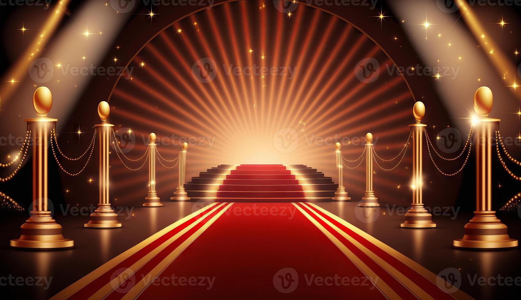 vermelho tapete Bollywood estágio. passos local luzes. dourado real prêmios gráficos fundo. generativo ai foto