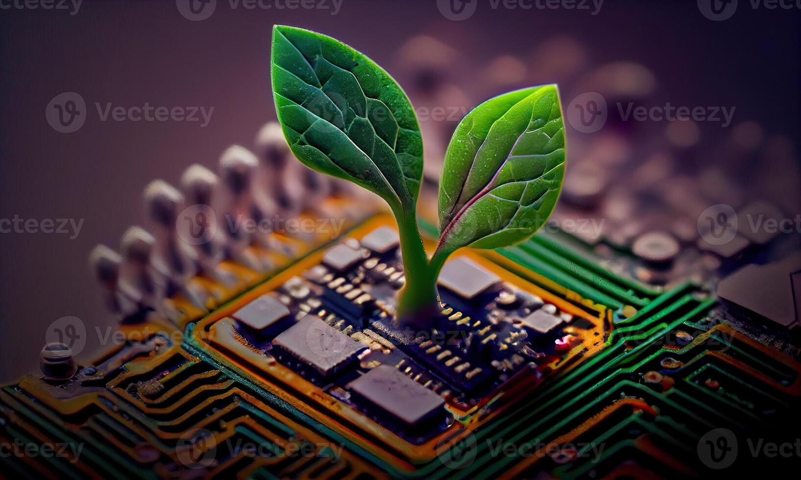 crescendo árvore em a convergindo ponto do um computador o circuito borda. natureza com digital convergência e tecnológica convergência. verde Informática, verde tecnologia, verde isto, RSC, generativo ai foto