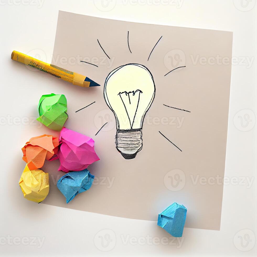 Novo idéia conceito com amassado escritório papel e luz lâmpada. inspiração conceito amassado papel luz lâmpada metáfora para escolhendo a melhor ideia. generativo ai. foto
