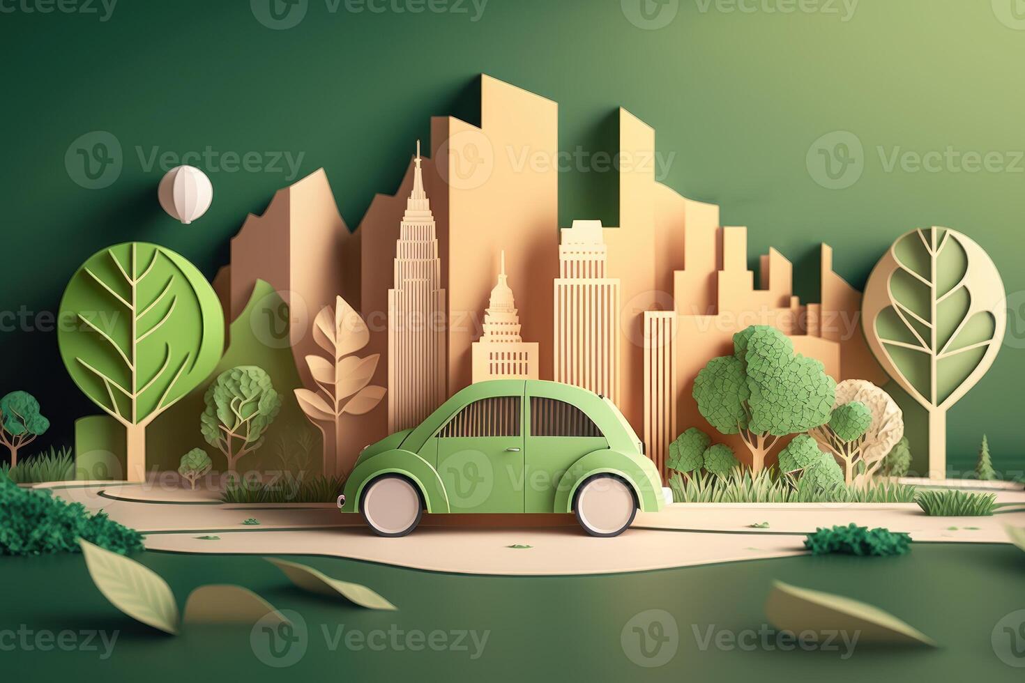 eco amigáveis carro com paisagem urbana papel cortar estilo, renovável e sustentável energia conceito. generativo ai foto