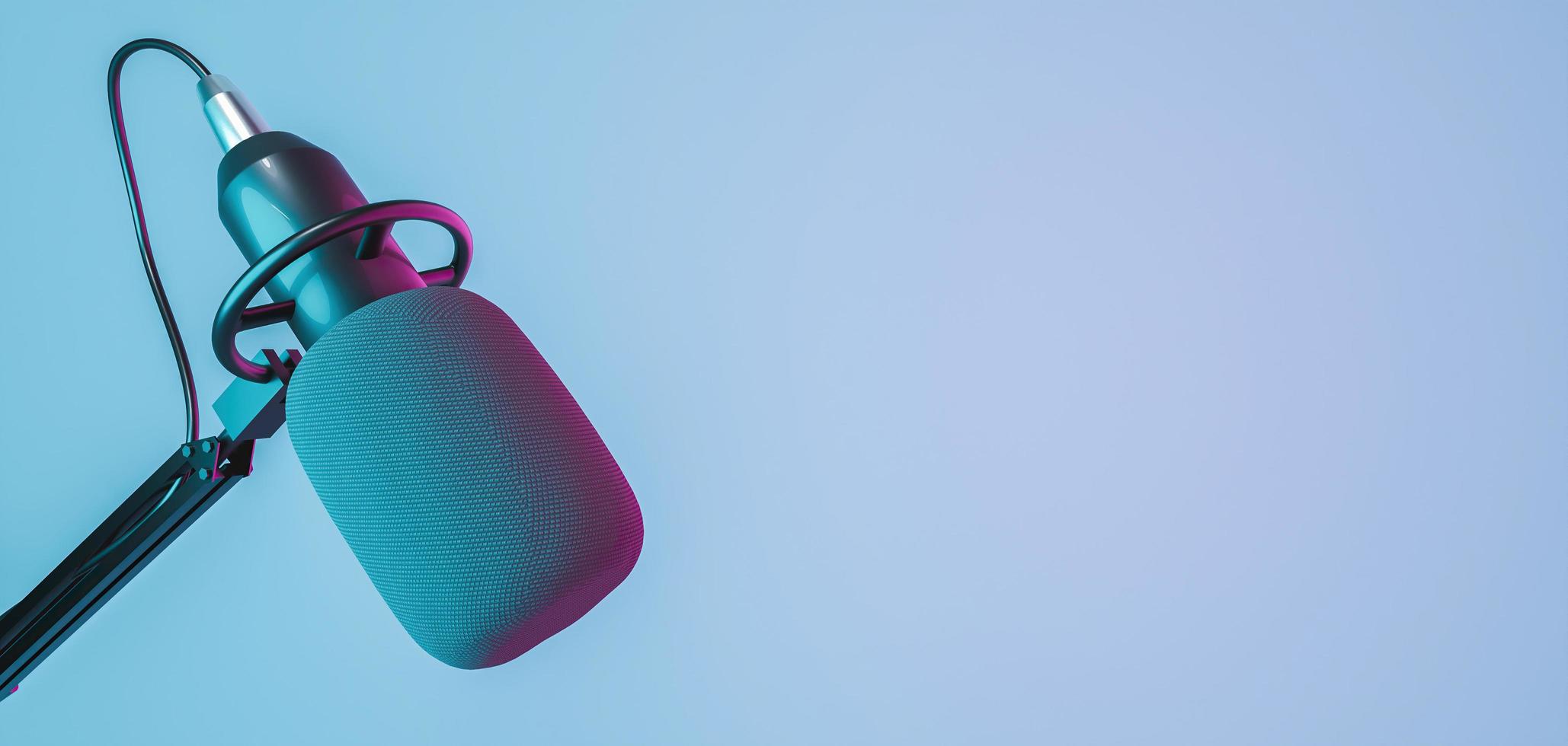 banner de microfone de estúdio com luzes de néon vermelhas e azuis, renderização em 3D foto