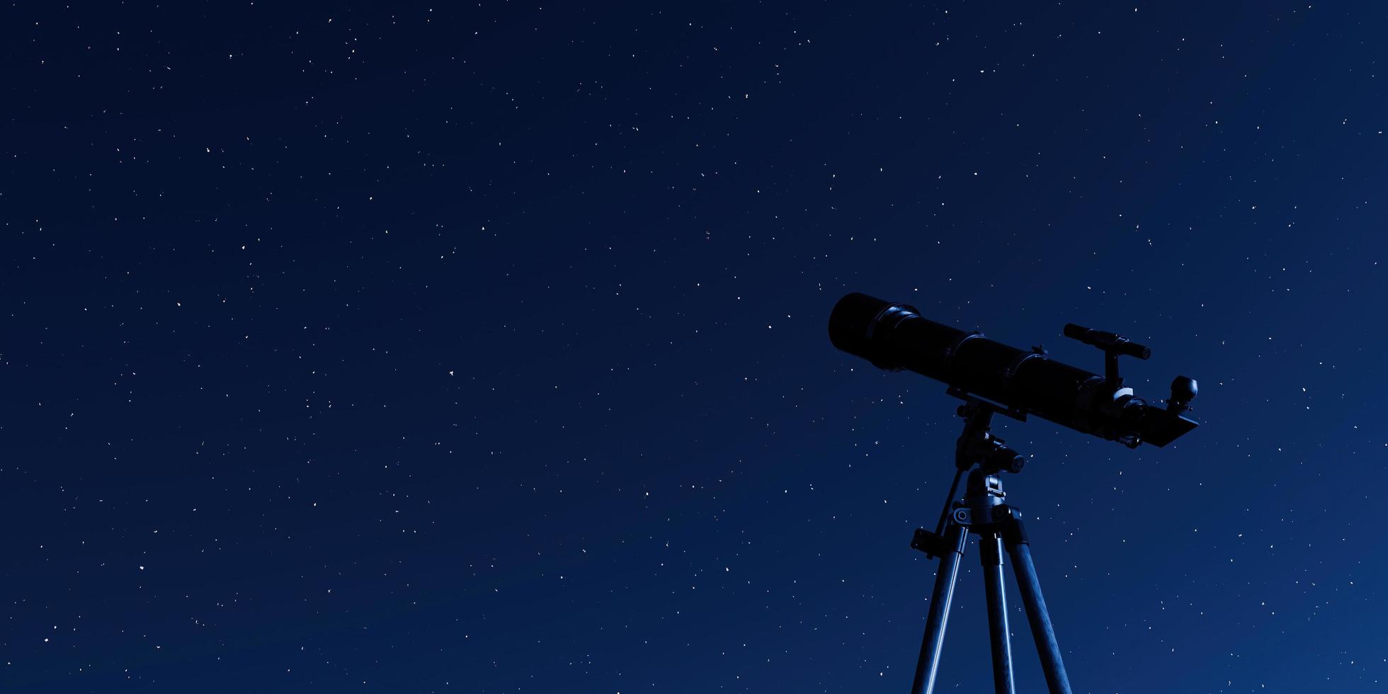 telescópio em tripé com um céu estrelado ao fundo, renderização em 3D foto
