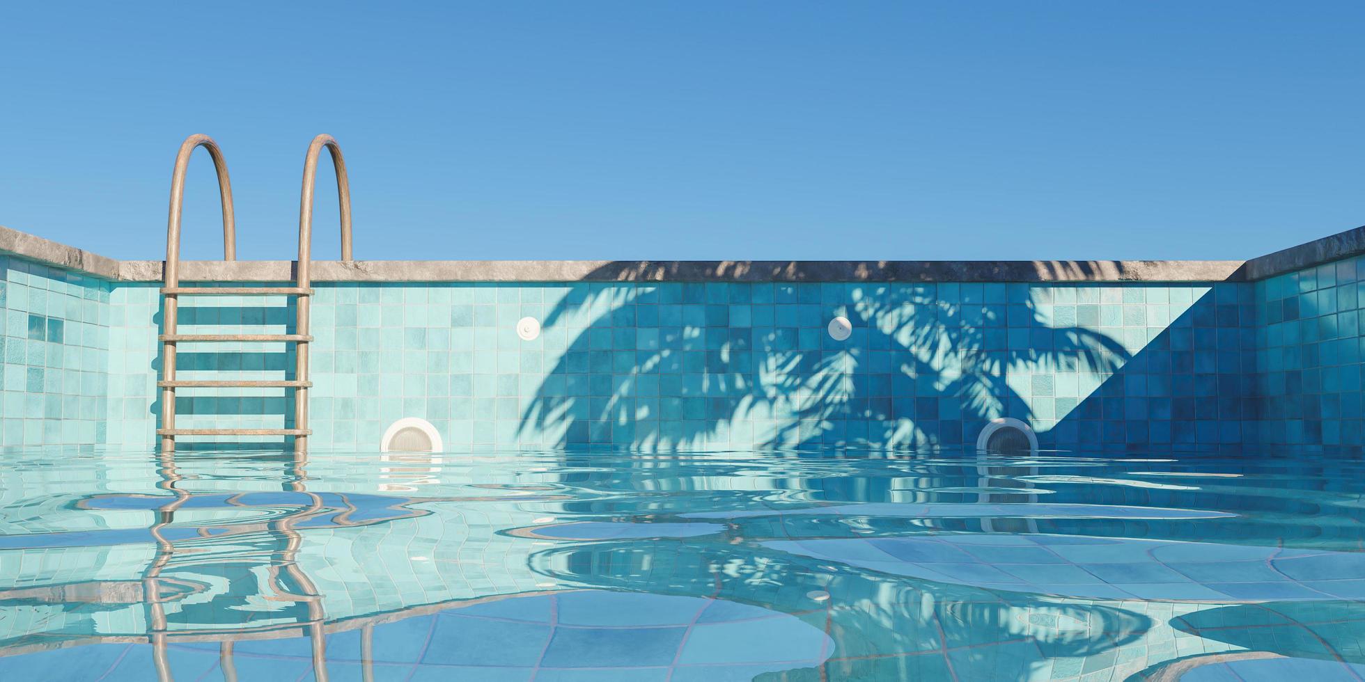 piscina com escadas enferrujadas enchendo-se de céu claro e sombra de palmeira, renderização 3D foto