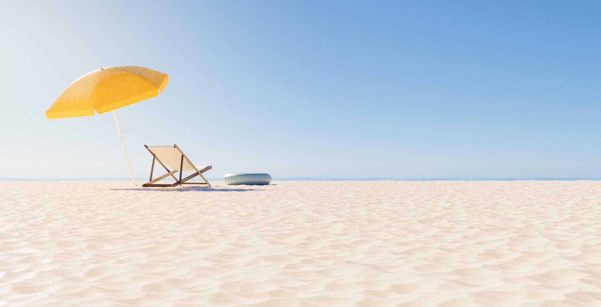 vista traseira de uma cadeira com guarda-chuva na praia, renderização em 3D foto