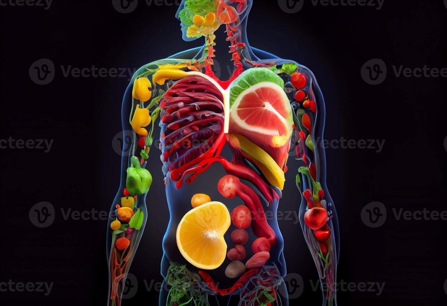 saudável nutrição e dieta conceito. humano corpo fez do fresco frutas e legumes. gerar ai. foto