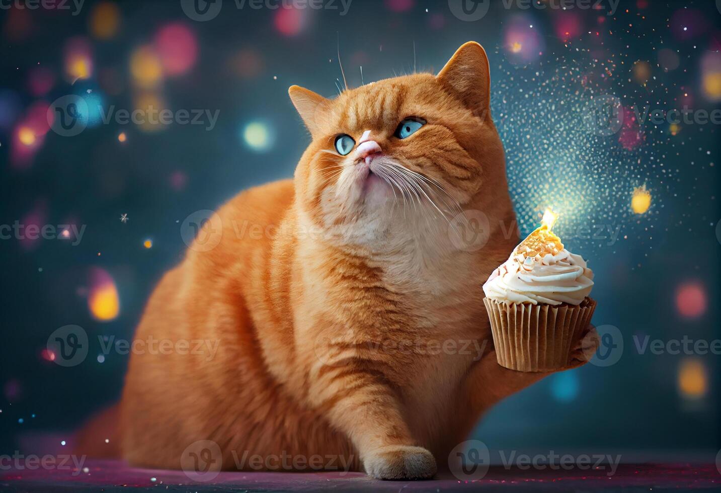 ig gengibre gato comemora aniversário com Bolinho em festivo bokeh fundo. gerar ai. foto