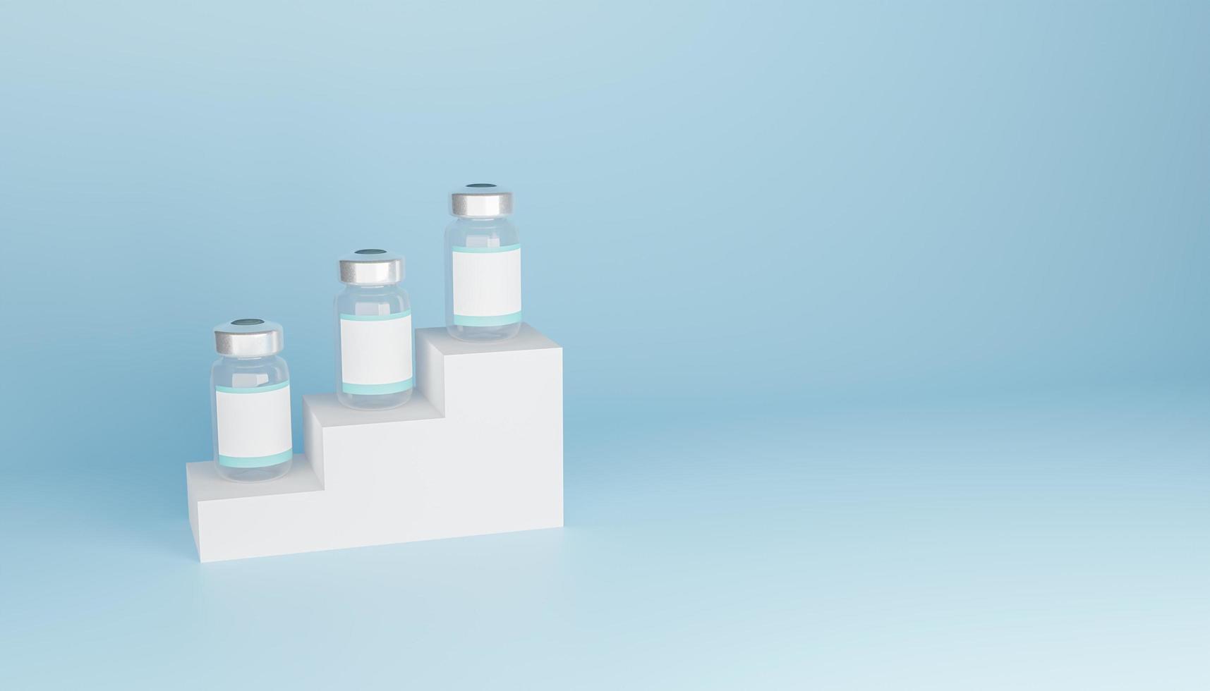 frascos de vacina de maquete com rótulo em branco em um pódio e copyspace, renderização 3D foto