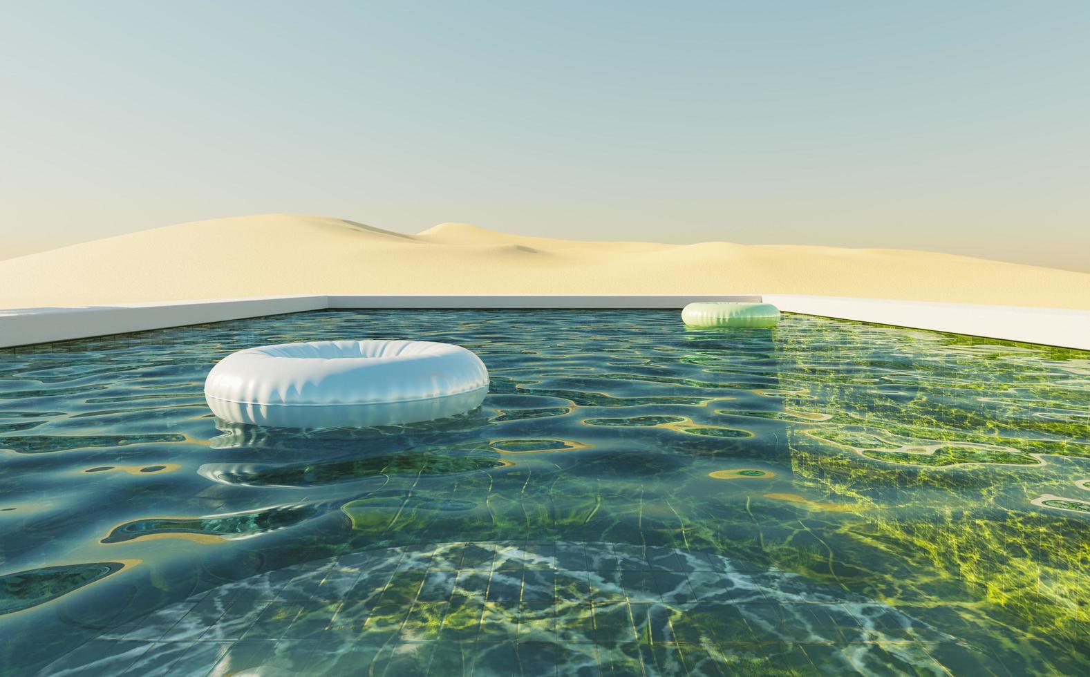 piscina de fundo verde em um deserto de dunas com céu claro e flutua na água, renderização 3D foto