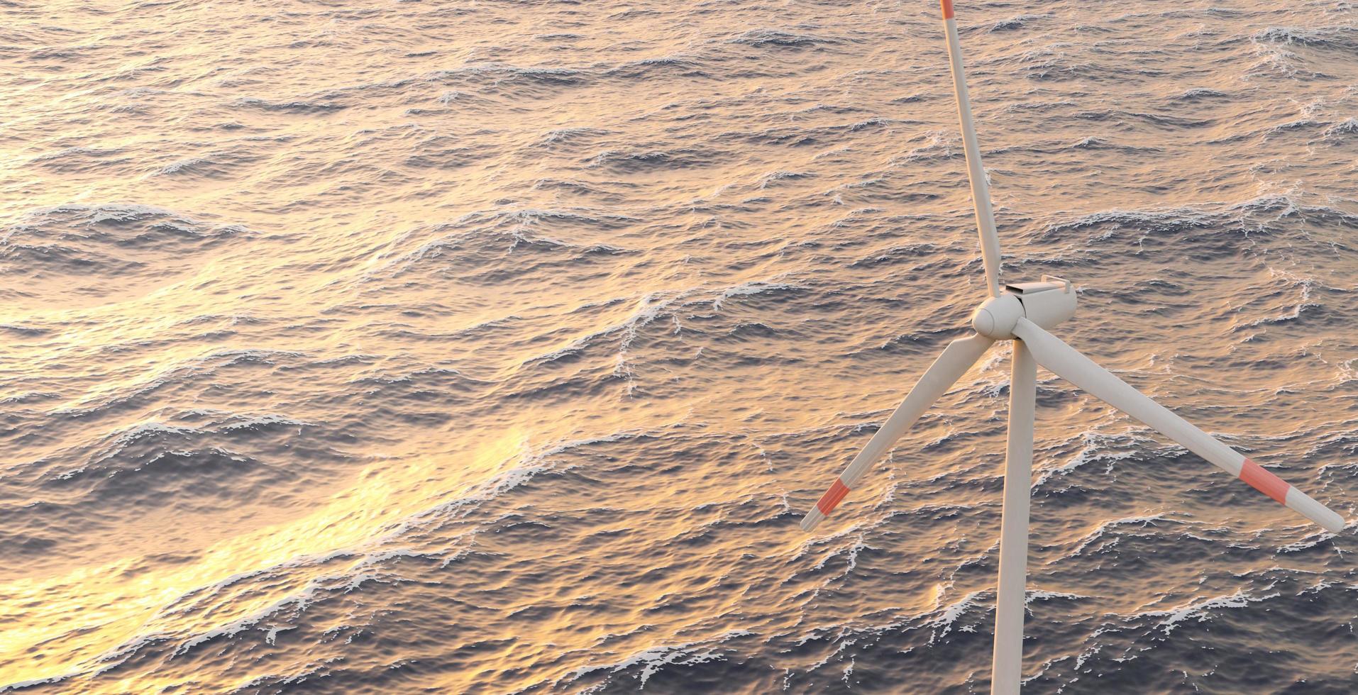paisagem com turbina eólica em um mar agitado com pôr do sol quente, renderização 3D foto