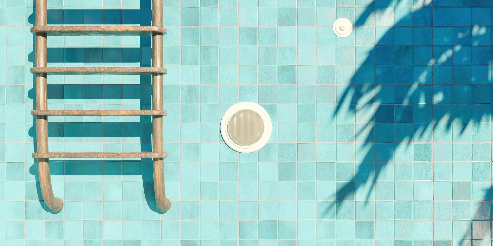 foto fechada de escadas enferrujadas em uma piscina vazia de azulejos azuis com holofotes e sombras de palmeiras, renderização em 3D