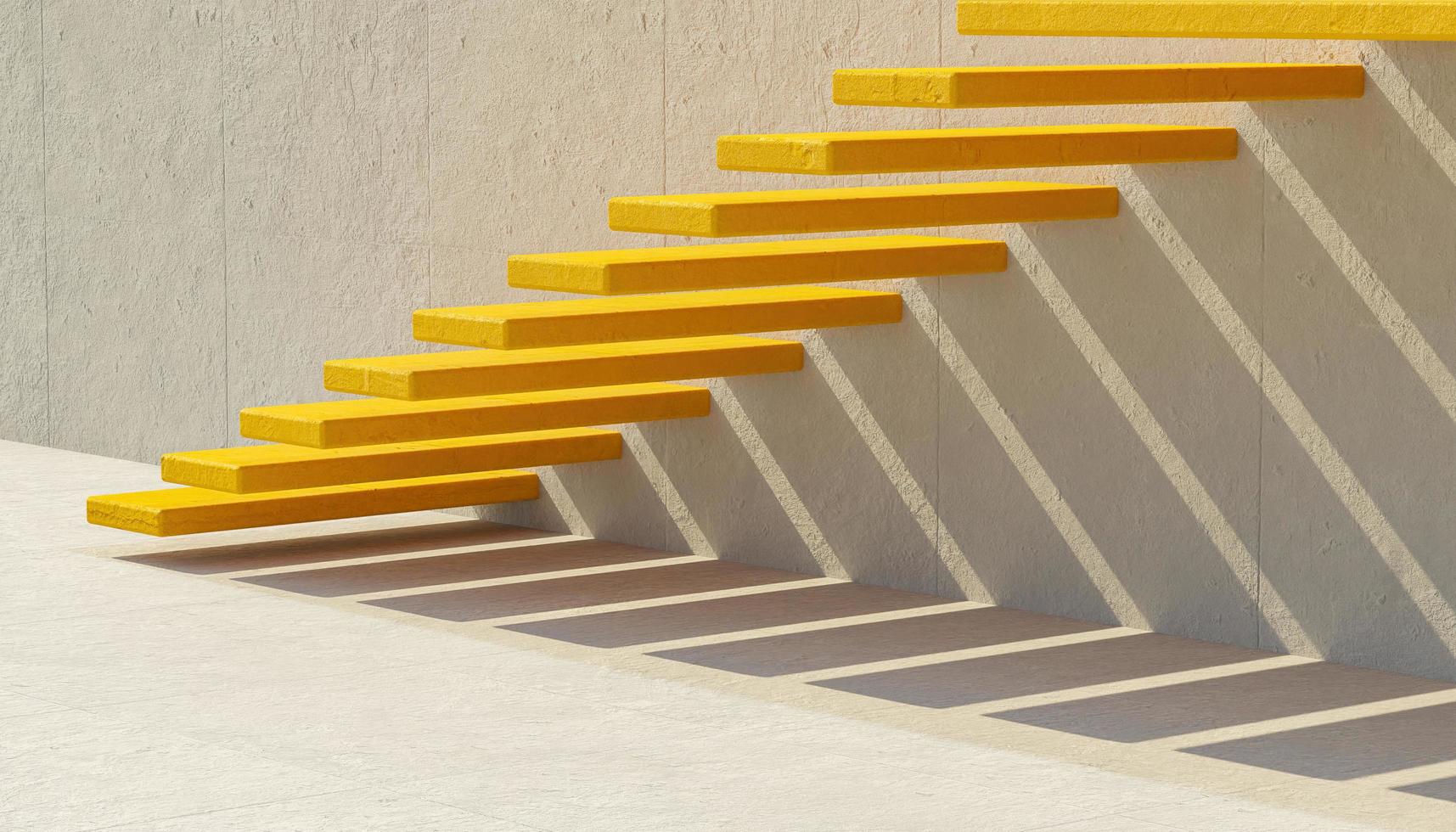 escadas de cimento amarelas abstratas na parede cinza com sombra alinhada, renderização em 3D foto