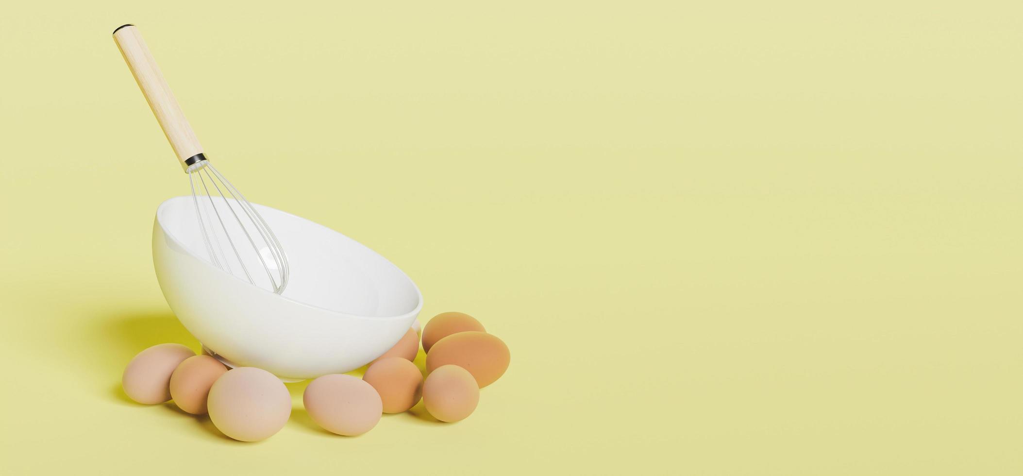 tigela de cerâmica branca com uma batedeira e ovos sob ela em fundo amarelo, renderização em 3D foto