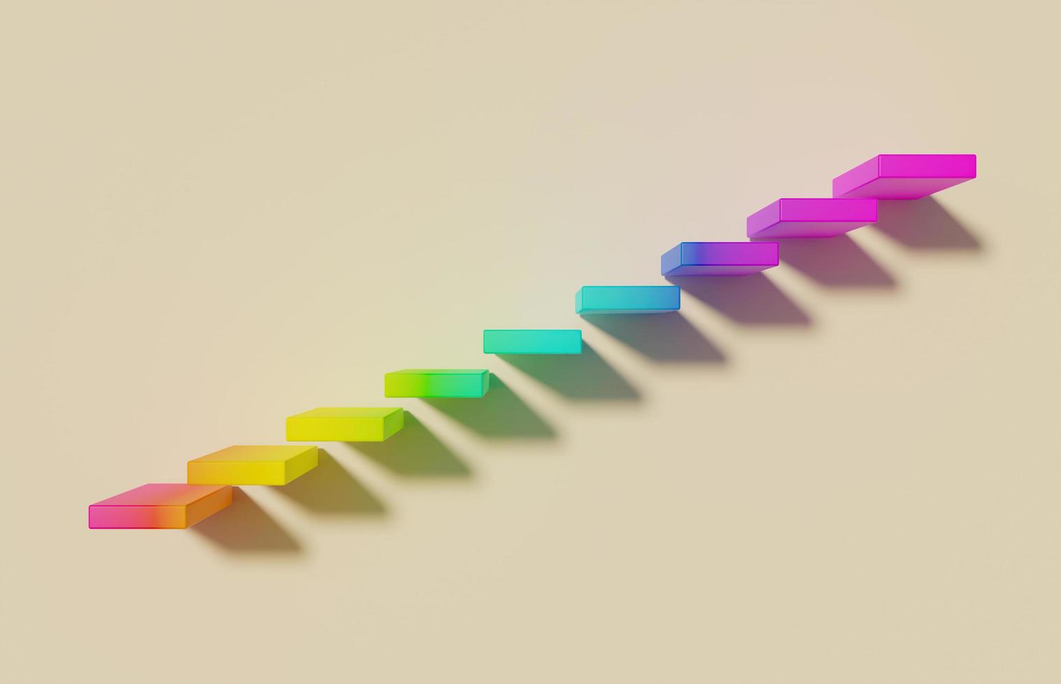 escada flutuante com a cor do arco-íris hsl em fundo amarelo com sombra suave, renderização em 3D foto