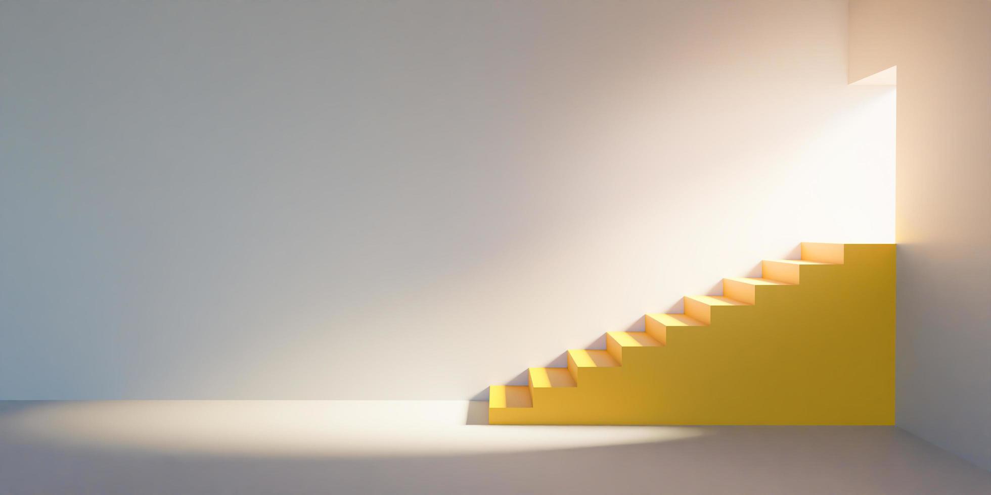 escada amarela minimalista com uma porta pela qual um flash de luz entra e ilumina a sala, renderização em 3D foto