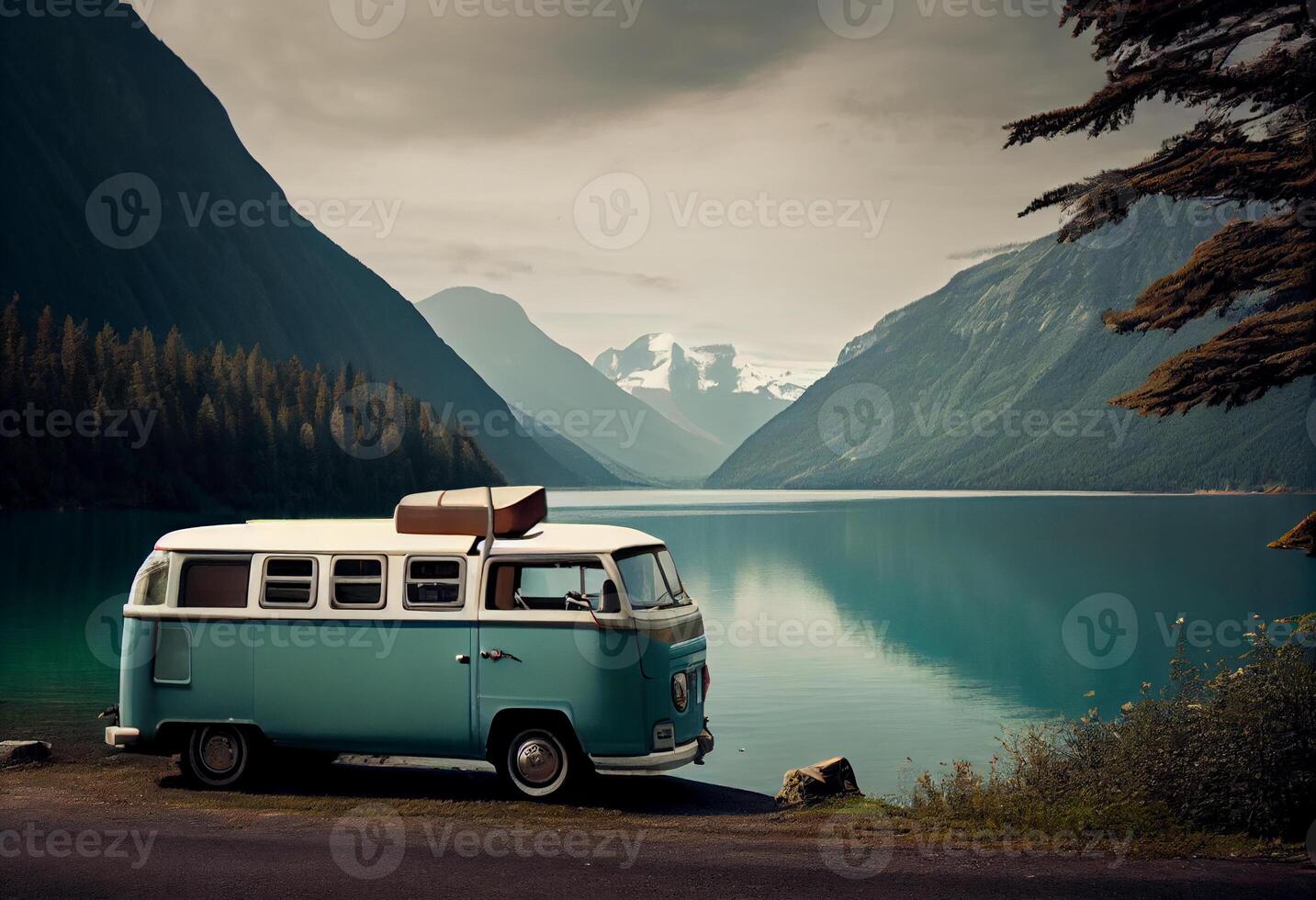 indo em período de férias dentro uma furgão de uma lindo lago. gerar ai foto