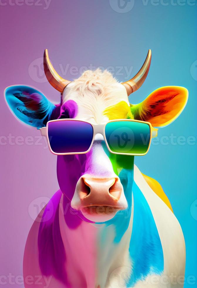 criativo animal composição. vaca vestindo tons oculos de sol óculos isolado. pastel gradiente fundo. com texto cópia de espaço. gerar ai foto