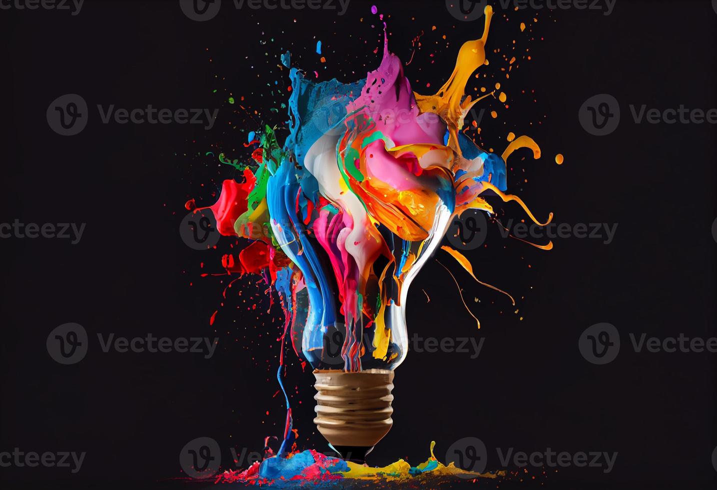 criativo luz lâmpada explode com salpicos do multicolorido pintura em uma Sombrio fundo. gerar ai foto