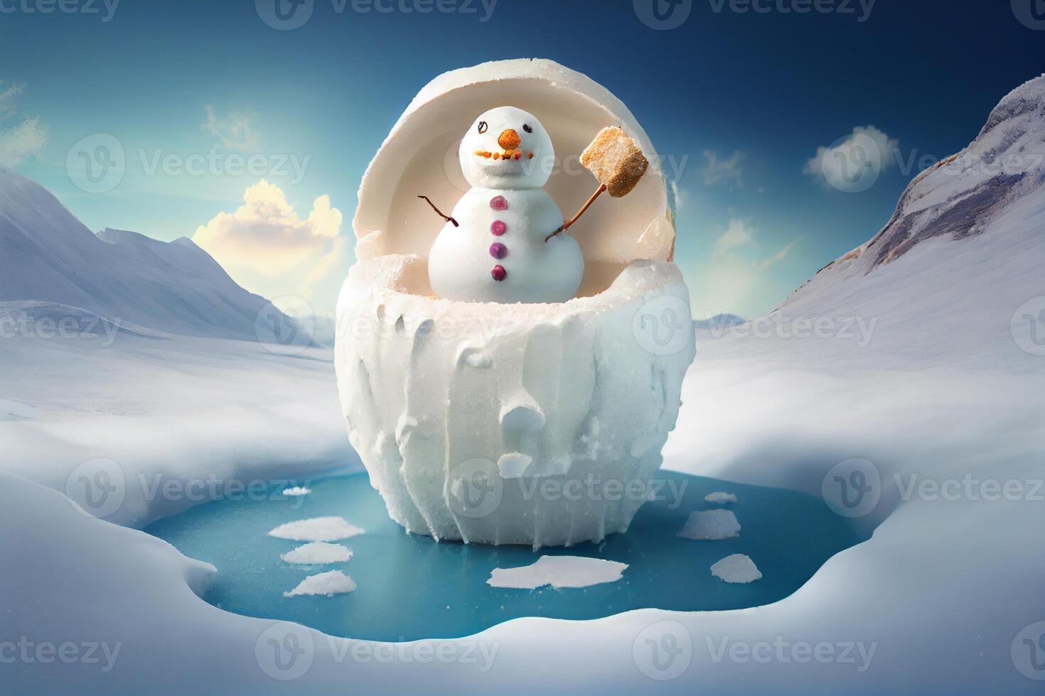 boneco de neve dentro a gelo creme pedra, rampa inverno verão conceito. gerar ai foto